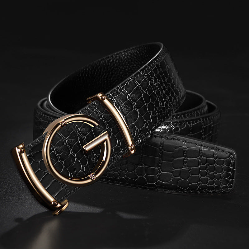 Men's Crocodile Skin G Buckle Belt Black Gold