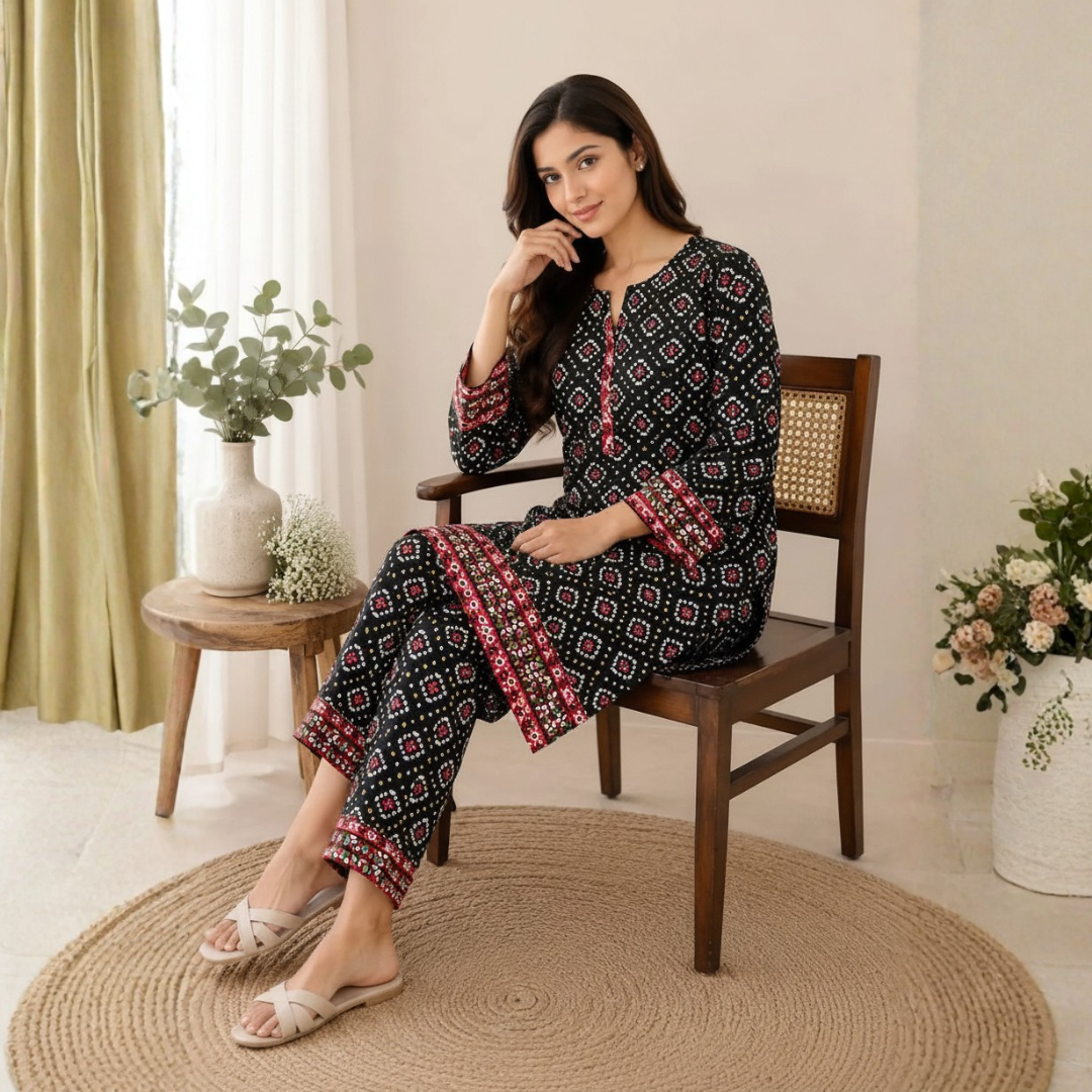 2-Piece Unstitched Black Printed Polo Cotton Suit