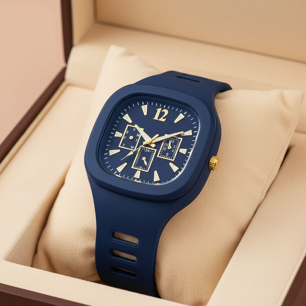 Square Face Plastic Strap Analogue Watch with Gold Accents