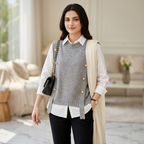 Women Knitted Button Vest Gray Casual Autumn Sweater