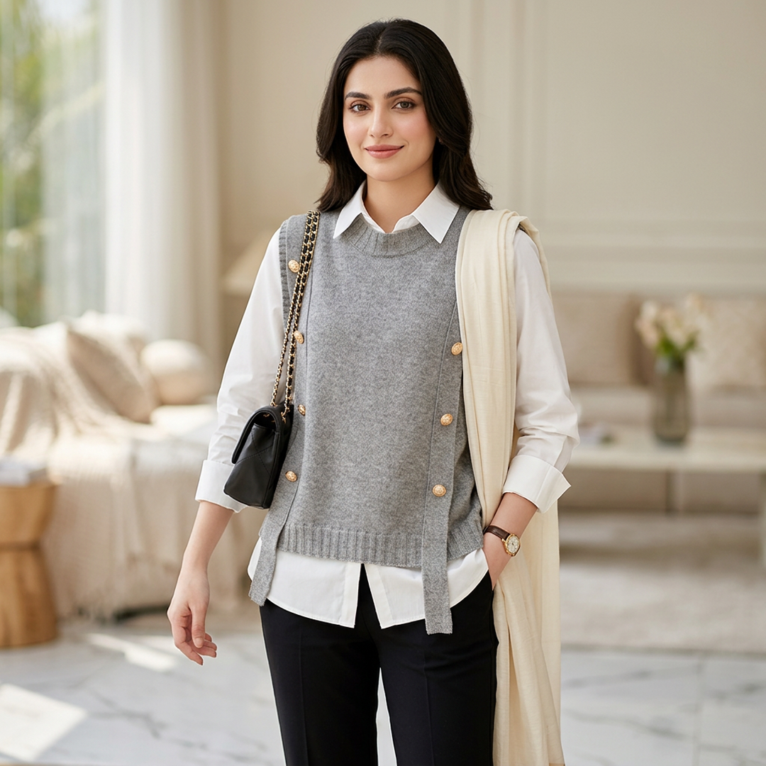 Women Knitted Button Vest Gray Casual Autumn Sweater